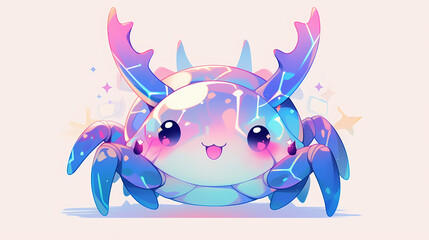 Colorful cartoon crab with sparkling details on a pastel background, showcasing a cheerful expression