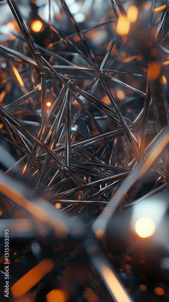 Poster abstract close-up of intertwined metallic structures with glowing elements, creating a futuristic an