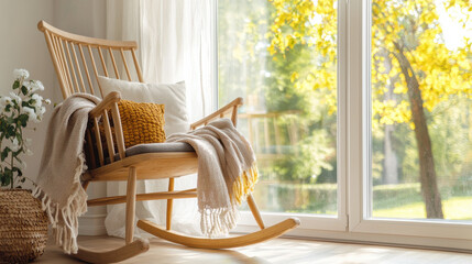 Cozy rocking chair by sunny window, adorned with soft textiles and greenery