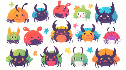 Obraz premium Colorful cartoon insects and bugs in various poses, showcasing diversity in design and shapes