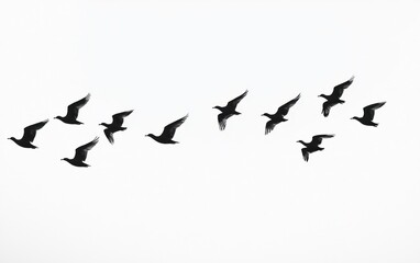 A flock of black birds in flight against a white background. The birds are silhouetted, creating a minimalist and elegant image