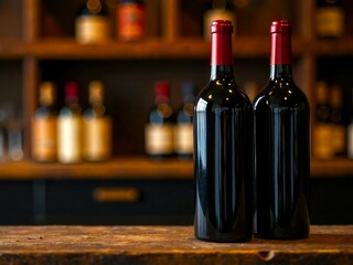 Bottles of red wine on a wooden table. Banner background for winery, bar or shop