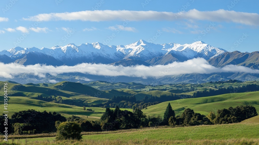 Poster scenic view of snow capped mountains and green hills under a clear sky with mist in the distance dur