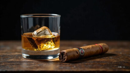 A glass of whiskey and a Cuban cigar, on a wooden table on a dark background. Banner or background for bar or shop. Men's club and relaxation concept, rich lifestyle