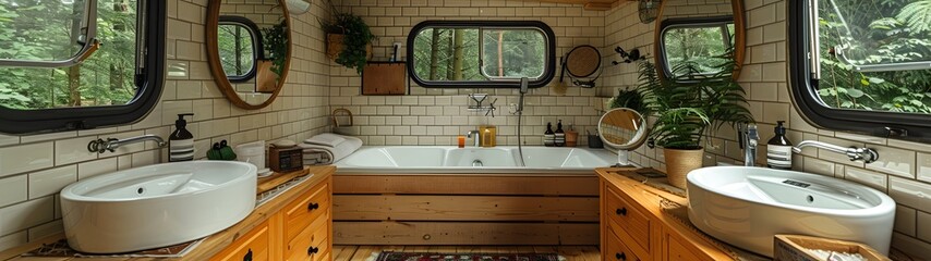 Luxurious campervan bathroom with dual sinks, a central wooden bathtub, and forest views