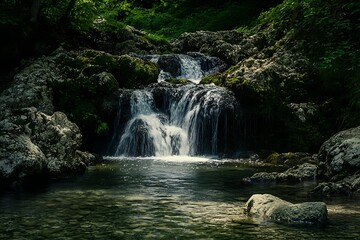 Serene Waterfall in Lush Forest