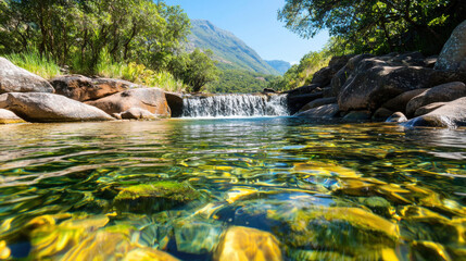 Crystal clear water flowing over rocks in serene natural setting, surrounded by lush greenery and mountains