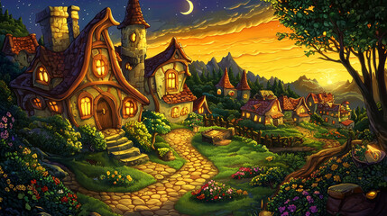 Fototapeta premium A charming fantasy village at sunset with glowing cottage lights, stone pathways, lush greenery, and a magical atmosphere