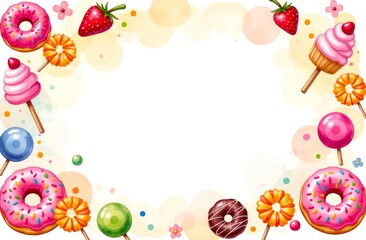 Delicious sweets and desserts frame with empty white background for copy space, watercolor style. Template for holiday and congratulation design. Kids funny sweets border