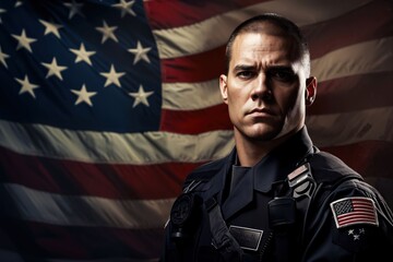 american  cop policeman and an American flag