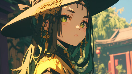 Enigmatic young woman in traditional attire gazing thoughtfully in a serene garden setting