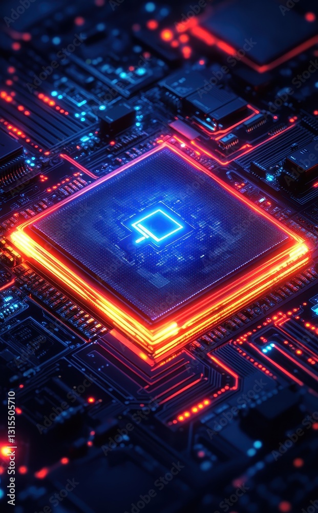 Poster abstract close-up of a glowing microprocessor on a circuit board surrounded by intricate electronic 