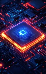 Obraz premium Abstract close-up of a glowing microprocessor on a circuit board surrounded by intricate electronic components and vibrant lighting effects in dark tones