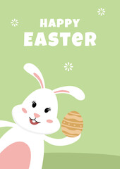 Happy Easter with bunny holding an egg on bright green vertical background