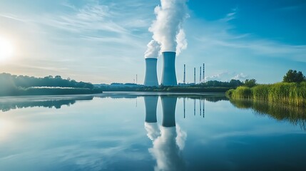Nuclear Power Plant Reflection on Calm Lake at Sunrise