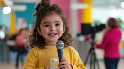 Smiling Young Broadcaster: A charming little girl beams with joy, holding a microphone, ready to speak. a vivid capture of youthful exuberance and communication