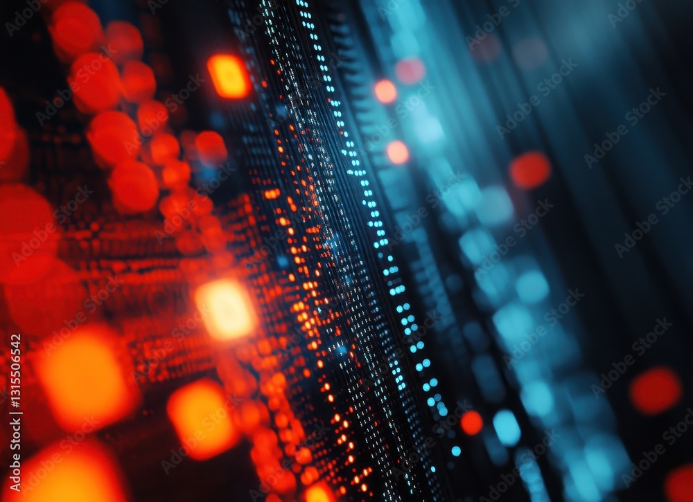 Poster abstract data visualization with red and blue lights representing digital information flow in networ