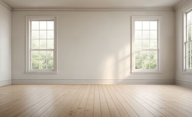 the background of an empty room, captured by white windows and wooden floor