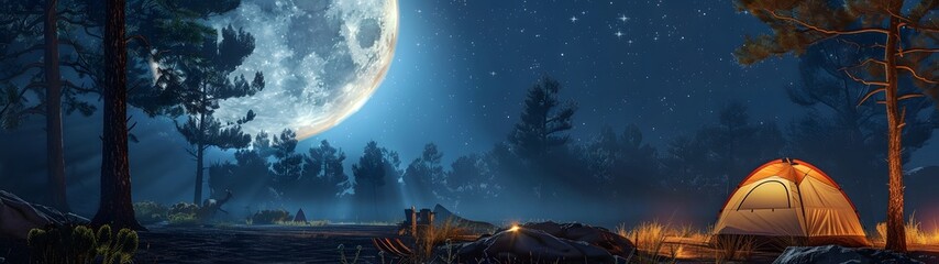Forest campsite illuminated by a glowing tent and moonlit sky