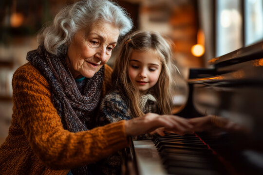 Elderly woman and young girl play piano together indoors, cozy atmosphere. Concept of family bonding and music learning. For family and education promotions.