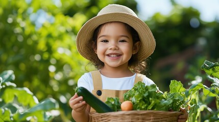 Joyful Harvest: A beaming toddler in a sun hat proudly displays a basket filled with freshly picked organic produce in a vibrant garden.