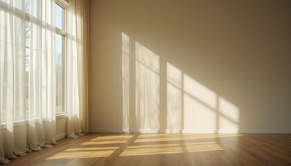 Obraz premium Minimalist room interior, large window with white curtains, sunlight streaming in, warm beige walls, hardwood floor, empty space, serene atmosphere, soft shadows, natural light, clean lines, tranquil 