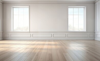 the background of an empty room, captured by white windows and wooden floor