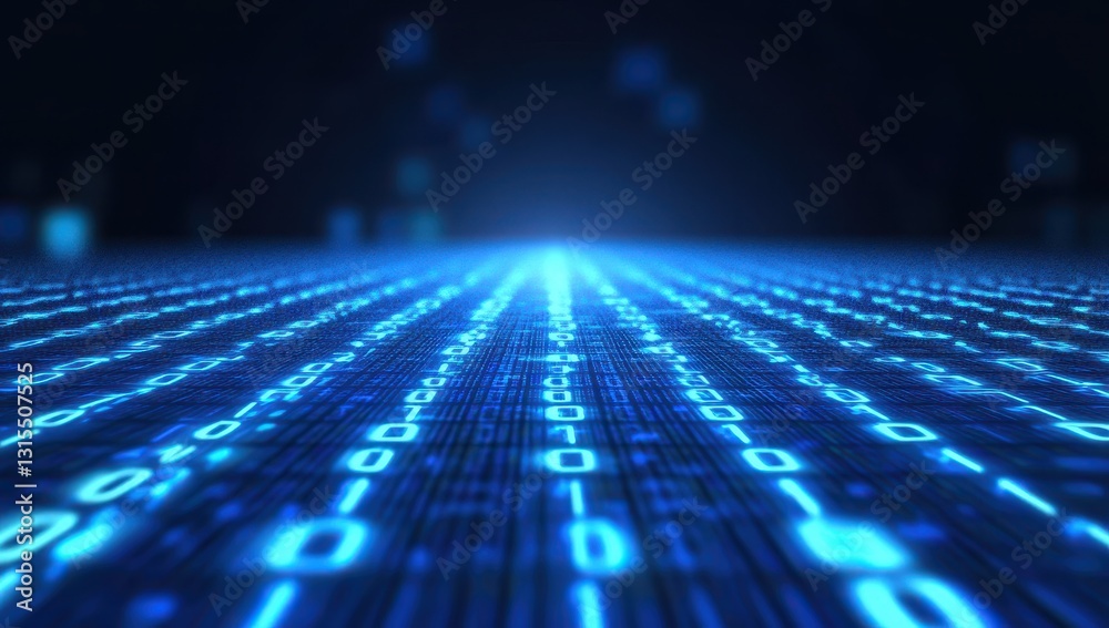 Poster abstract digital background with binary code flowing in perspective, representing data transmission 