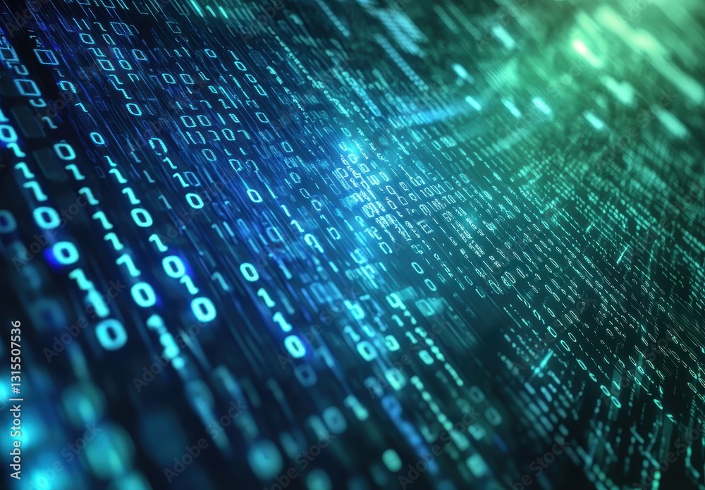 Poster abstract digital background with binary code flowing in blue and green shades, representing technolo