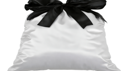 White satin gift bag, black bow, studio shot, blank background, product packaging