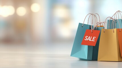 Colorful shopping bags with a sale tag, set against a softly blurred background, ideal for promotional materials or online stores showcasing sales or discounts