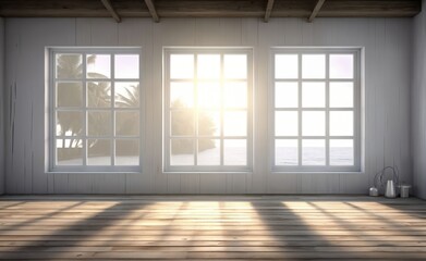 Fototapeta premium the background of an empty room, captured by white windows and wooden floor