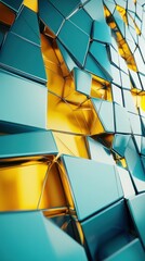 Abstract geometric pattern of reflective turquoise and gold panels creating a dynamic, modern art installation