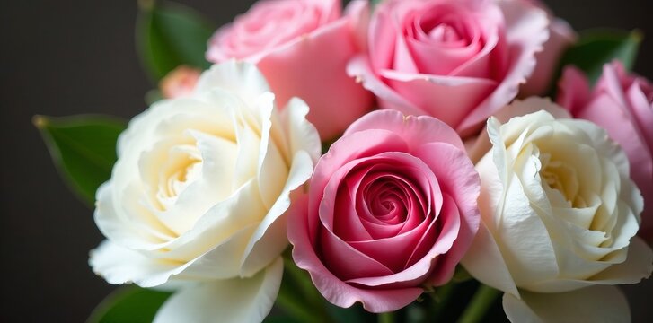 Close-up of elegant pink roses and white peonies arrangement, ornamental, garden, roses