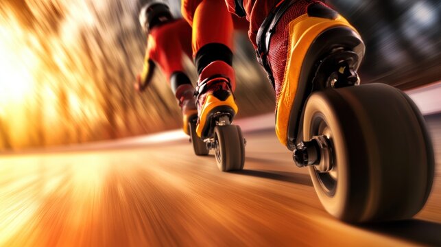Dynamic image of roller skaters racing on a smooth track, capturing the essence of speed and movement, Ideal for sports promotions, fitness articles, or capturing the thrill of outdoor activities,