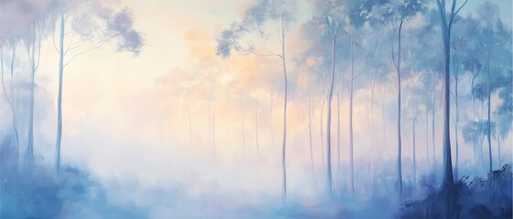 Misty morning landscape serene forest digital art tranquil environment soft perspective nature's beauty