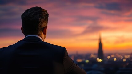 Fototapeta premium A businessman gazes at a vibrant sunset over a city skyline, symbolizing ambition and contemplation, This image can be used for articles on leadership, motivation, or urban lifestyle topics,
