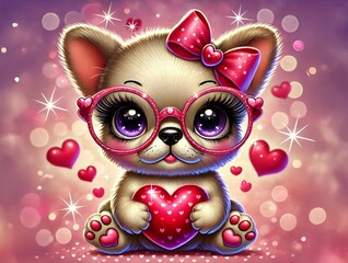 Fototapeta premium Cute cartoon puppy with big sparkling eyes, pink glasses, and a bow, holding a heart. Romantic Valentine's Day theme with glowing hearts.