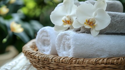 Spa Day Relaxation: White Towels and Orchids in a Wicker Basket