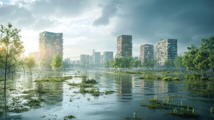 Sunlit City Submerged In Floodwaters Description Floodwaters inundate