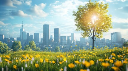 Sunlit Tree in Yellow Wildflower Field with Cityscape Background