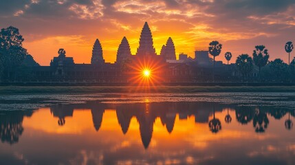 Obraz premium Sunrise Silhouette of Ancient Temple Reflecting in Calm Water with