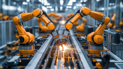 Industrial robots performing welding tasks on a vehicle assembly line, Automation, Precise and fast