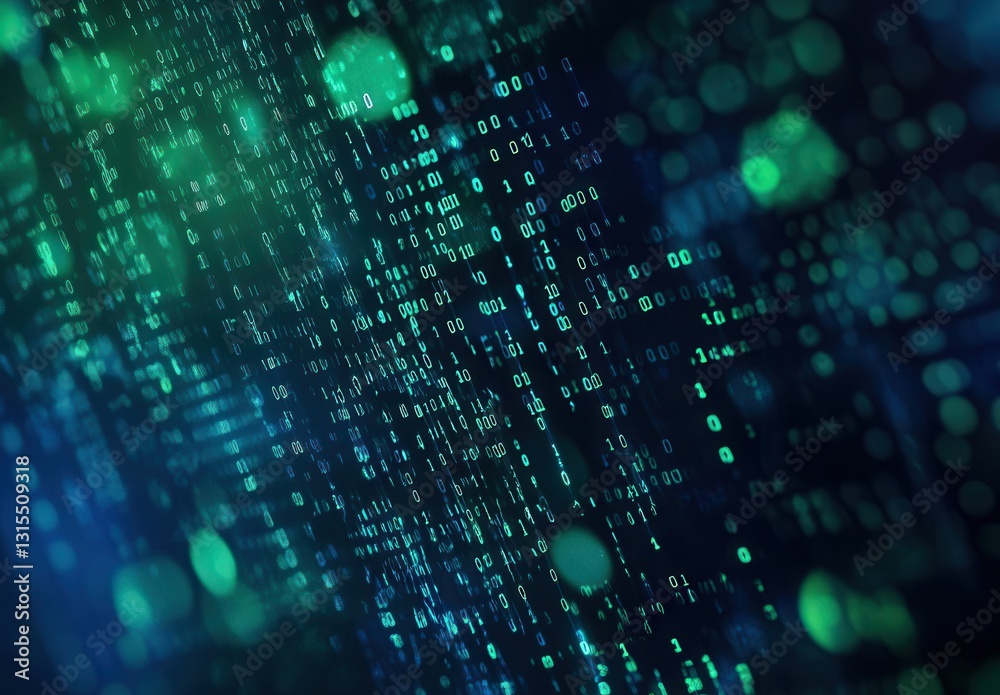 Poster abstract digital data flow with glowing binary code and vibrant particles showcasing technology and 