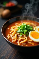 Close up of steamy bowl of spicy ramen noodles with green onions and egg, gourmet, mouth watering, soup