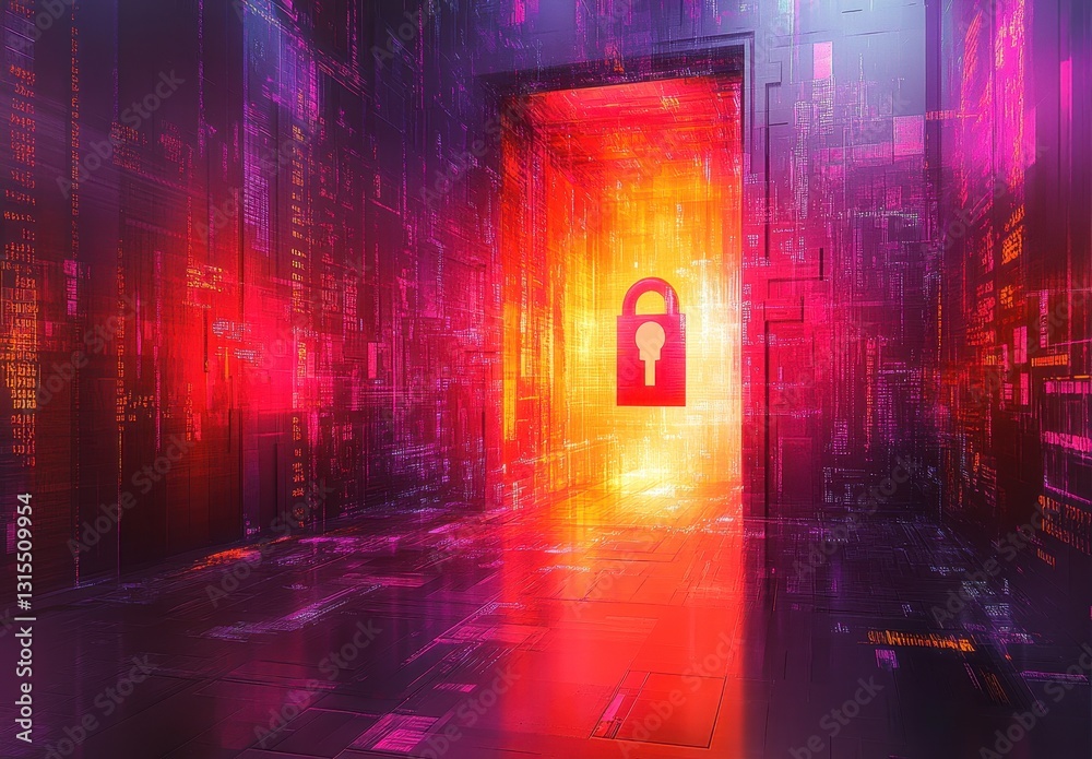 Poster abstract digital gateway with colorful glowing patterns and a prominent lock symbol representing onl