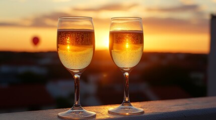 Champagne glasses on the rooftop of a skyscraper at sunset, with blurred city lights and balloons in the background, symbolizing luxury, celebration, and urban nightlife.