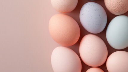 Colorful eggs arranged artistically on a soft peach background for spring celebrations