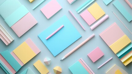 Fototapeta premium Top View, Colorful stationery items arranged aesthetically on a soft surface creative workspace flat lay minimalist design