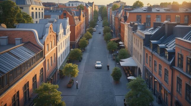 Fototapeta High-angle view of a city street at sunset with cars and pedestrians